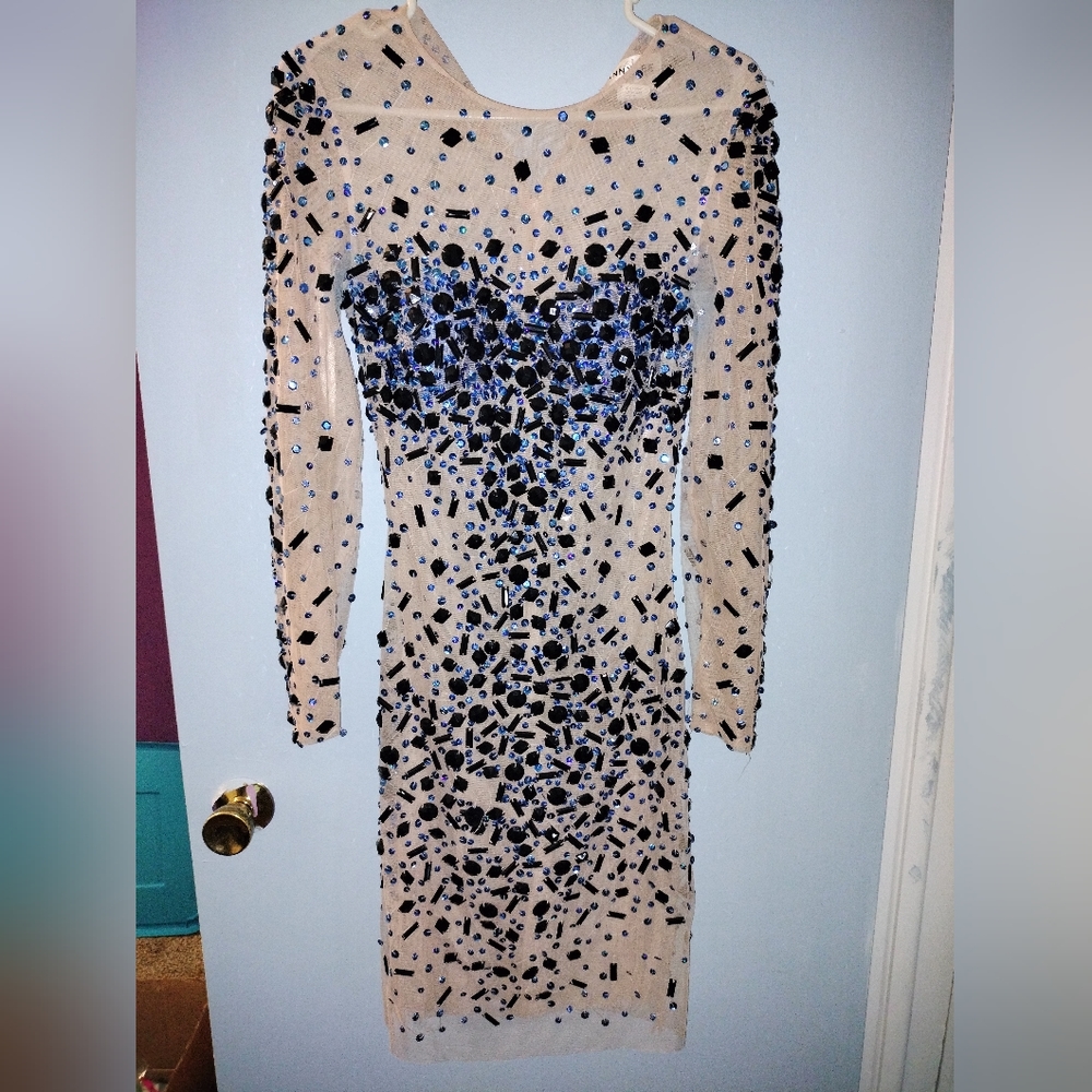 Anny Lee Rhinestone Dress in Blue and Cream. Sz M. Women's